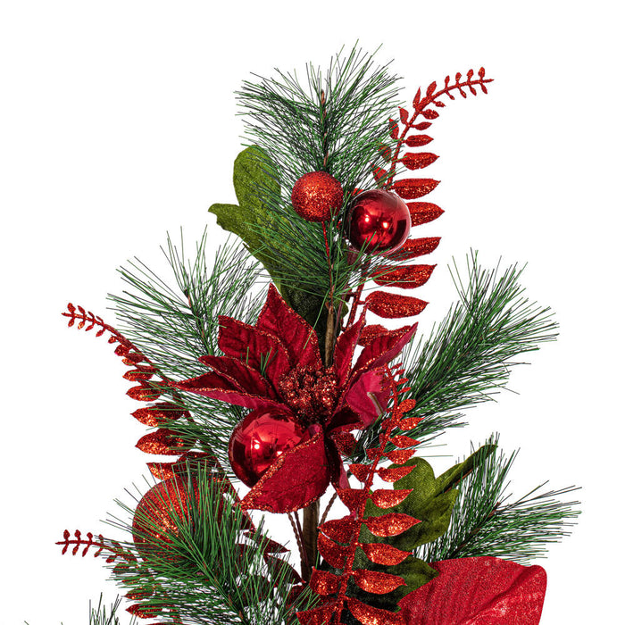 28" Silk Poinsettia Flower, Ball, Pine & Fern Leaf Stem -Red (Pack of 2) - L225406