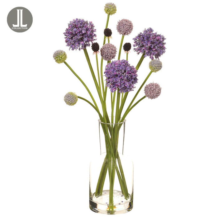18" Silk Allium & Billy Button Flower Arrangement w/Glass Vase -Purple/Lavender (pack of 4) - LFA340-PU/LV
