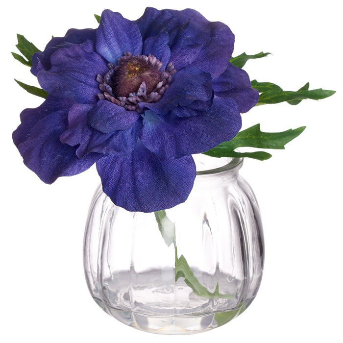 5.5" Silk Anemone Flower Arrangement w/Glass Vase -Blue (pack of 6) - LFA366-BL