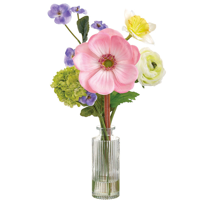 14" Anemone, Ranunculus & Daffodil Silk Flower Arrangement w/Glass Vase -Mixed Colors (Pack of 6) - LFA800-MX