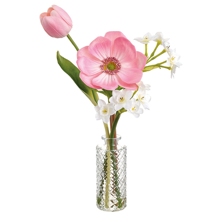 15" Anemone & Tulip Silk Flower Arrangement w/Glass Vase -Pink/Cream (Pack of 6) - LFA803-PK/CR