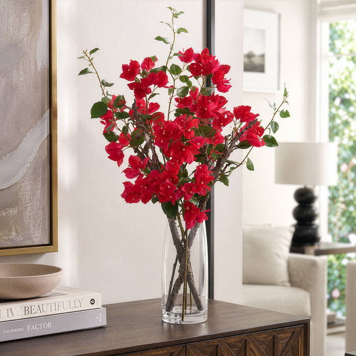 38.5" Silk Bougainvillea Flower & Twig Arrangement w/Glass Vase -Fuchsia - LFB186-FU