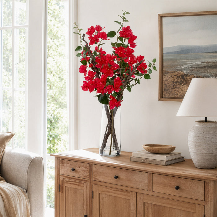 38.5" Silk Bougainvillea Flower & Twig Arrangement w/Glass Vase -Fuchsia - LFB186-FU