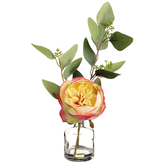 12" Rose & Eucalyptus Leaf Silk Flower Arrangement w/Glass Vase -Pink/Yellow (Pack of 6) - LFB422-PK/YE