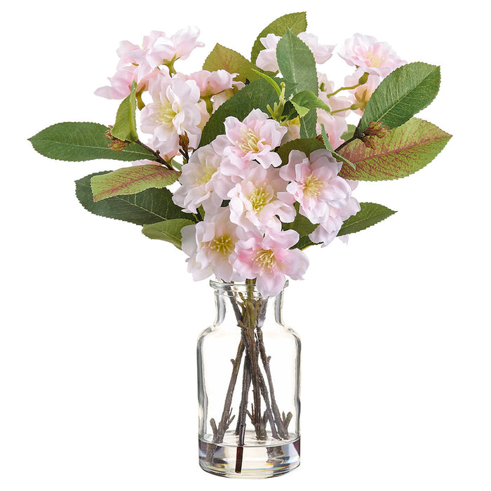 11" Cherry Blossom Silk Flower Arrangement w/Glass Vase -Pink/Green (Pack of 9) - LFB785-PK/GR