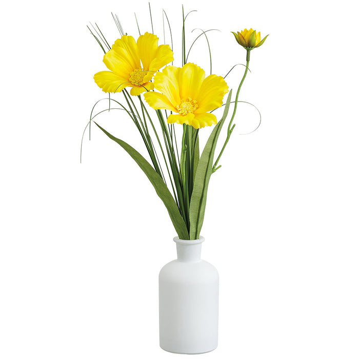 14" Cosmos Silk Flower Arrangement w/Glass Vase -Yellow (Pack of 12) - LFC037-YE