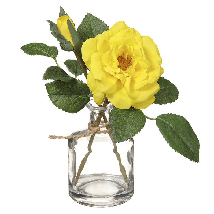 8" Silk Camellia Flower Arrangement w/Glass Vase -Yellow (pack of 12) - LFC991-YE