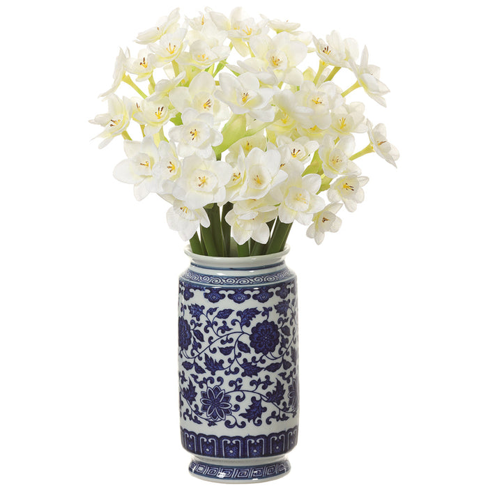 12" Silk Daffodil Flower Arrangement w/Ceramic Vase -White (pack of 4) - LFD035-WH