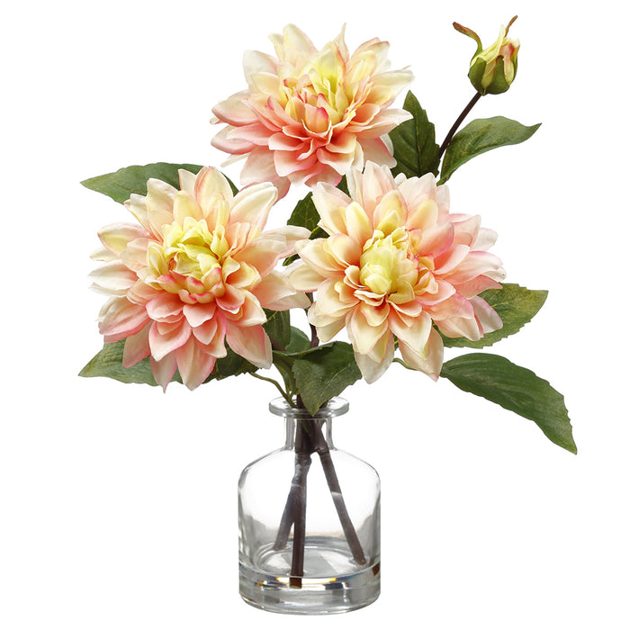 14" Silk Dahlia Flower Arrangement w/Glass Vase -Pink/Green (pack of 6) - LFD057-PK/GR