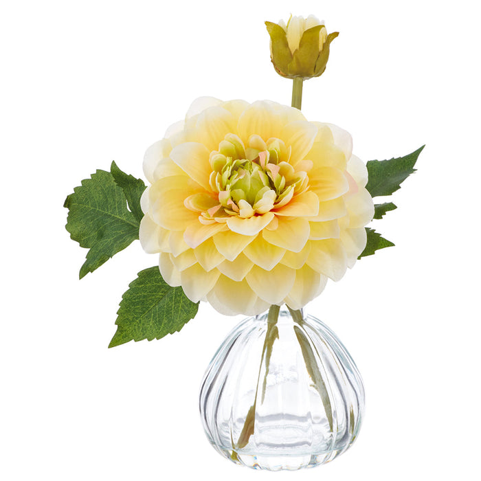 8.5" Dahlia Silk Flower Arrangement w/Glass Vase -Yellow (Pack of 6) - LFD090-YE