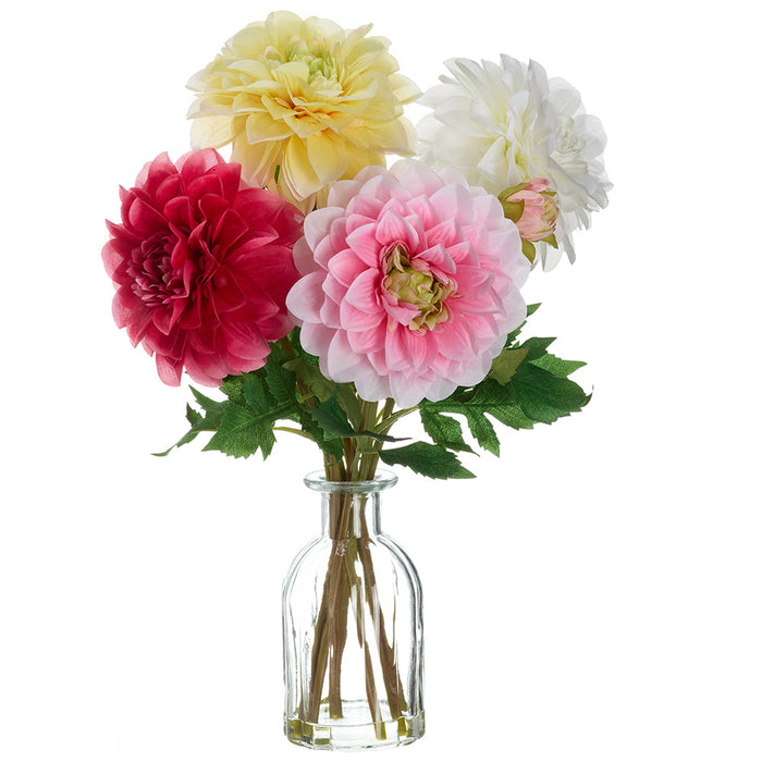 15" Silk Dahlia Flower Arrangement w/Glass Vase -Mixed Colors (Pack of 6) - LFD095-MX
