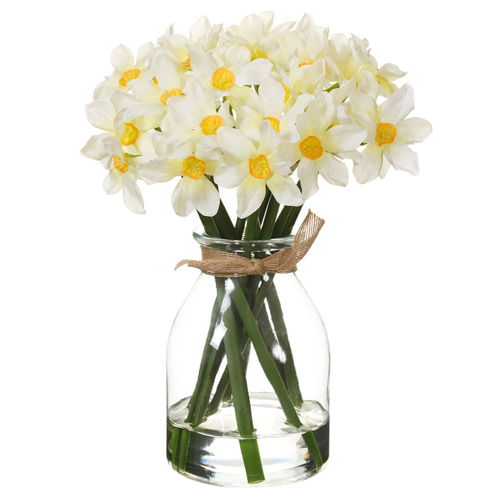 12" Daffodil Silk Flower Arrangement w/Glass Vase -Cream/Yellow (pack of 2) - LFD117-CR/YE