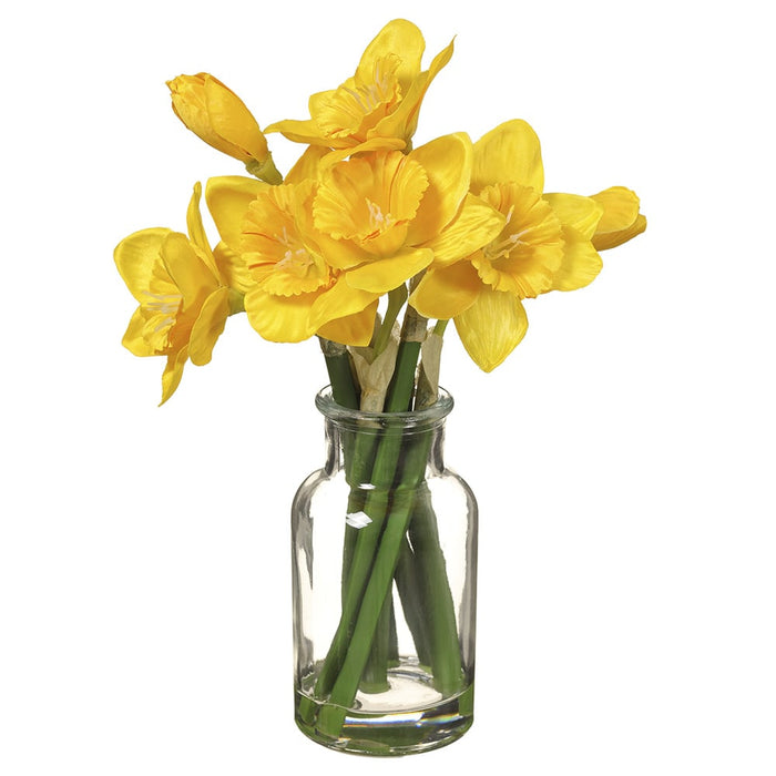 10" Silk Daffodil Flower Arrangement w/Glass Vase -Yellow (pack of 6) - LFD882-YE