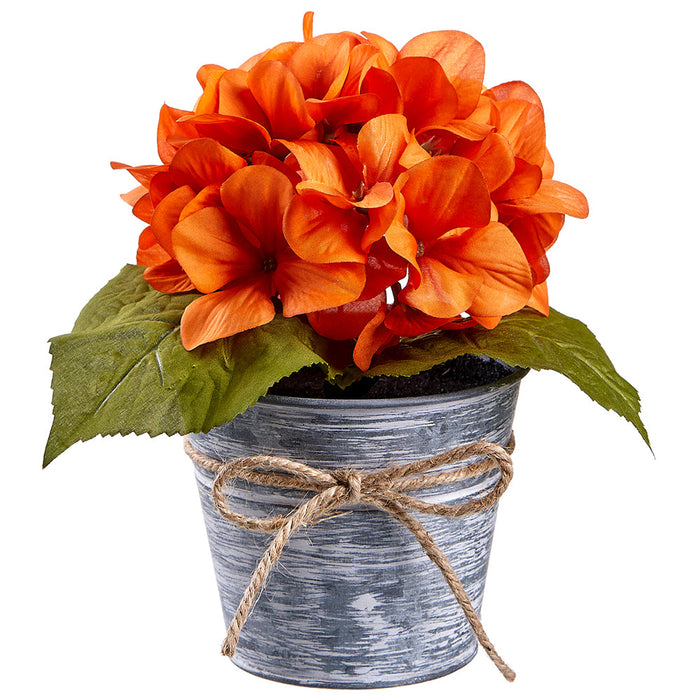 8" Hydrangea Silk Flower Arrangement w/Tin Pot - Orange (pack of 6) - LFH002-OR