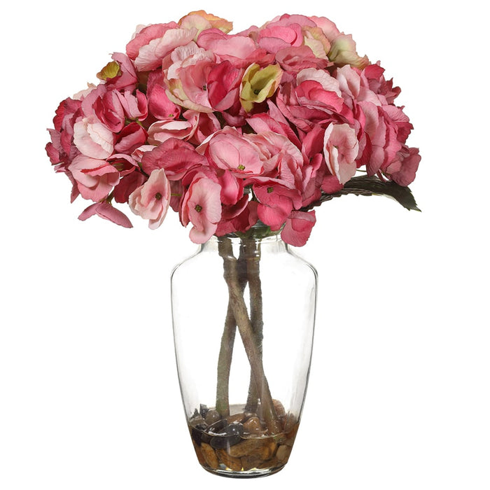 13.5" Silk Hydrangea Flower Arrangement w/Glass Vase -Beauty/Pink (pack of 4) - LFH061-BT/PK