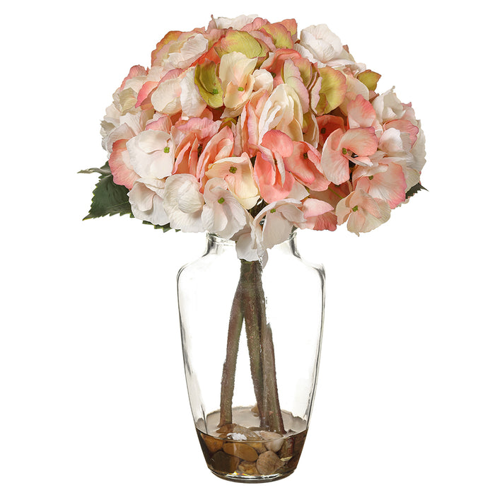 13.5" Silk Hydrangea Flower Arrangement w/Glass Vase -Coral/Cream (pack of 4) - LFH061-CO/CR