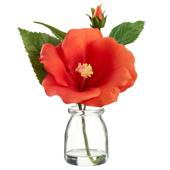 7.75" Hibiscus Silk Flower Arrangement w/Glass Vase -Orange (pack of 6) - LFH100-OR