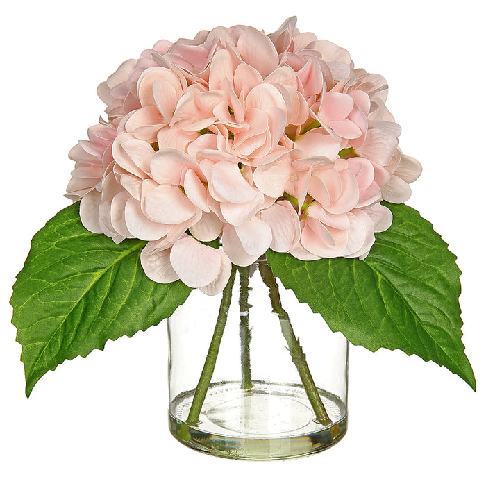 8" Silk Hydrangea Flower Arrangement w/Glass Vase -Blush (pack of 3) - LFH114-BS