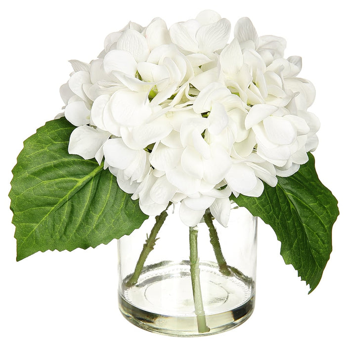 8" Silk Hydrangea Flower Arrangement w/Glass Vase -White (pack of 3) - LFH114-WH