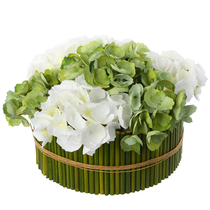 9" Silk Hydrangea Flower Arrangement w/Tube Planter -Cream/Green (pack of 2) - LFH149-CR/GR