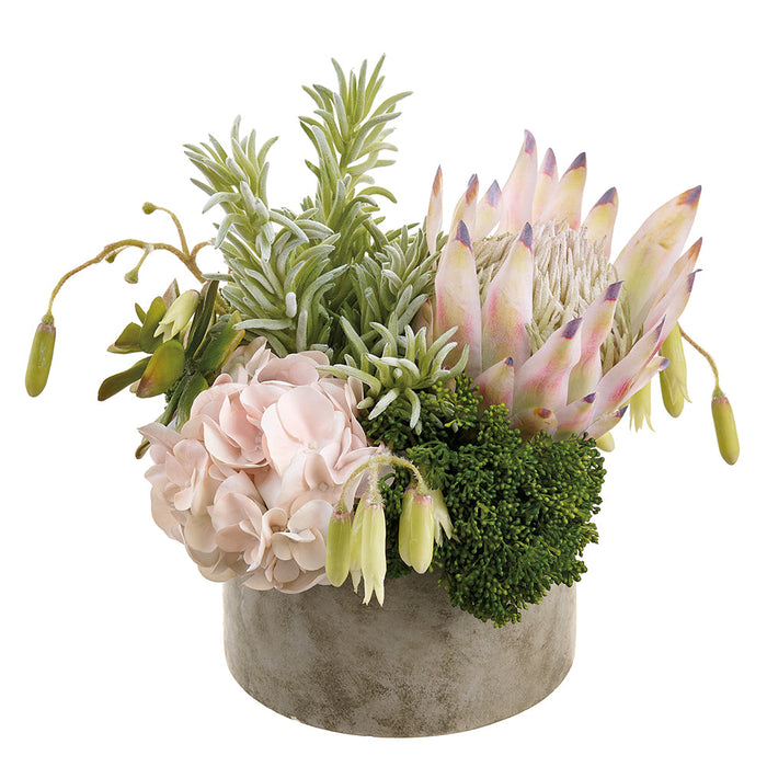 11" Hydrangea, Protea & Succulent Silk Flower Arrangement w/Cement Planter -Pink/Green - LFH172-PK/GR