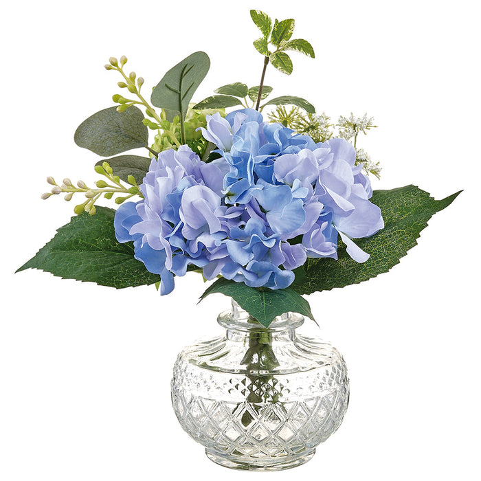 10" Hydrangea, Snowball & Dill Silk Flower Arrangement w/Glass Vase -Blue/Green (Pack of 4) - LFH235-BL/GR