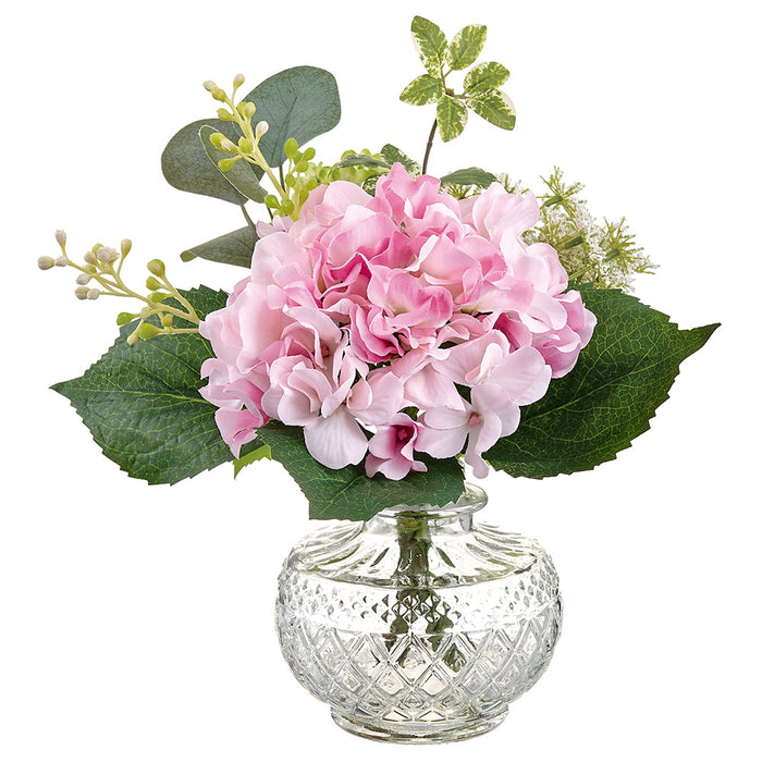 10" Hydrangea, Snowball & Dill Silk Flower Arrangement w/Glass Vase -Pink/Green (Pack of 4) - LFH235-PK/GR