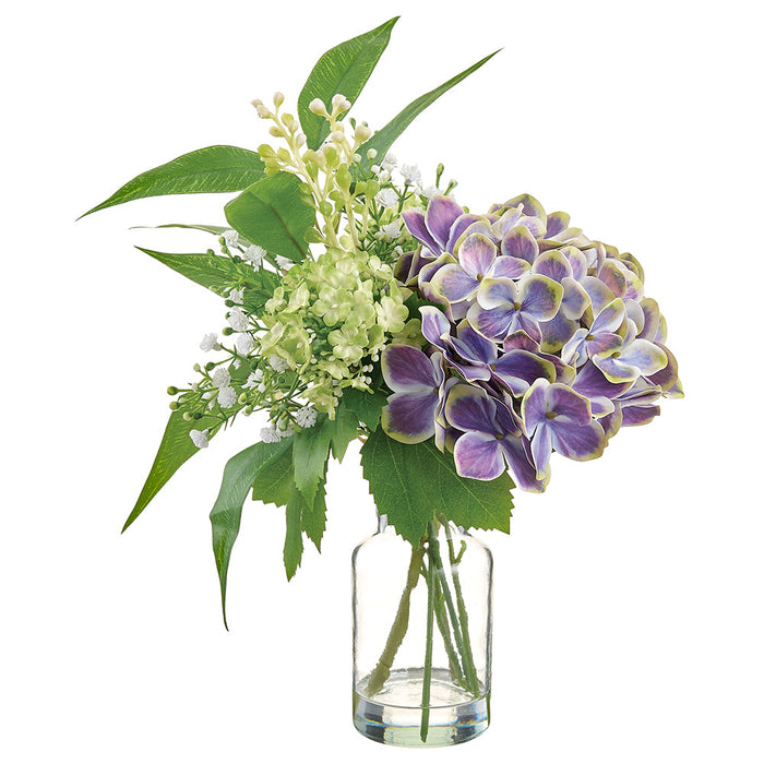11" Hydrangea & Snowball Silk Flower Arrangement w/Glass Vase -Purple/Green (Pack of 4) - LFH286-PU/GR