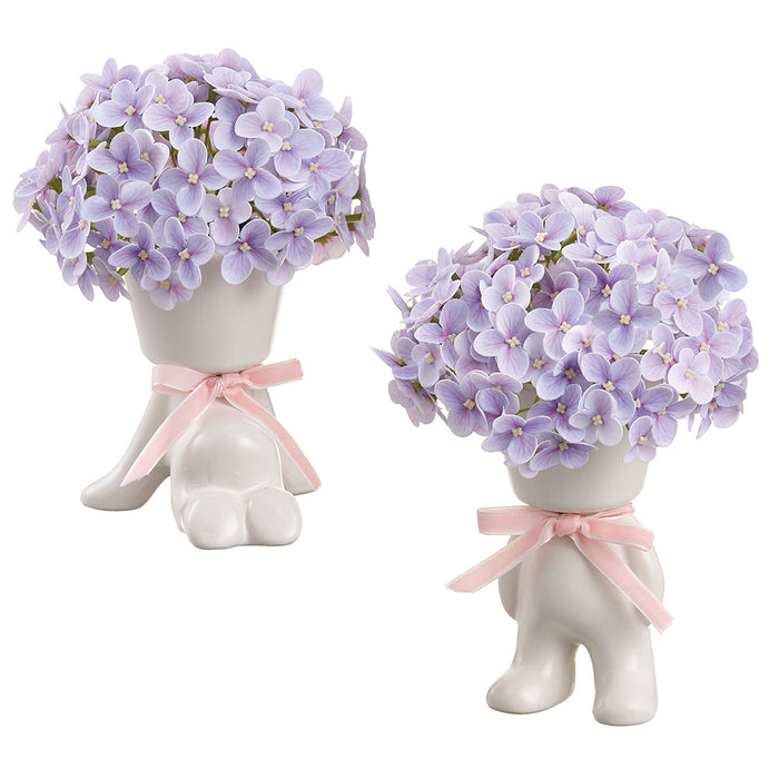 8.5" Set Of Hydrangea Silk Flower Arrangements w/Ceramic Vase -Lavender (Pack of 2) - LFH380-LV