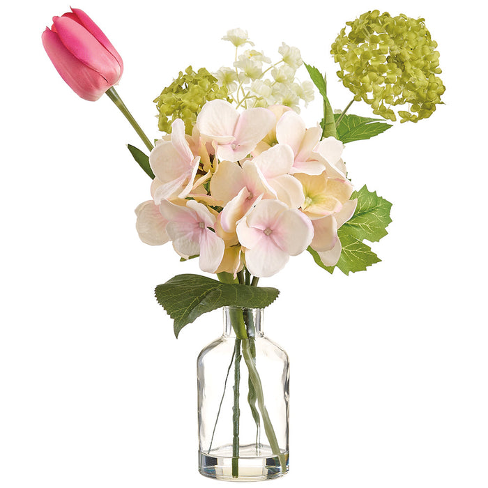 14" Hydrangea, Snowball & Tulip Silk Flower Arrangement w/Glass Vase -Pink/Green (Pack of 12) - LFH720-PK/GR