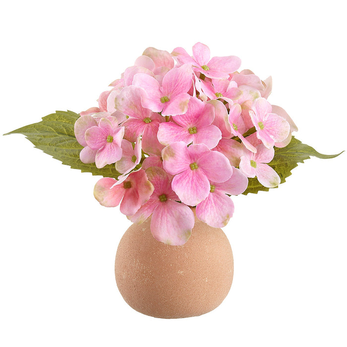 7" Real Touch Hydrangea Silk Flower Arrangement w/Terra Cotta Vase -Pink (Pack of 9) - LFH738-PK/GR