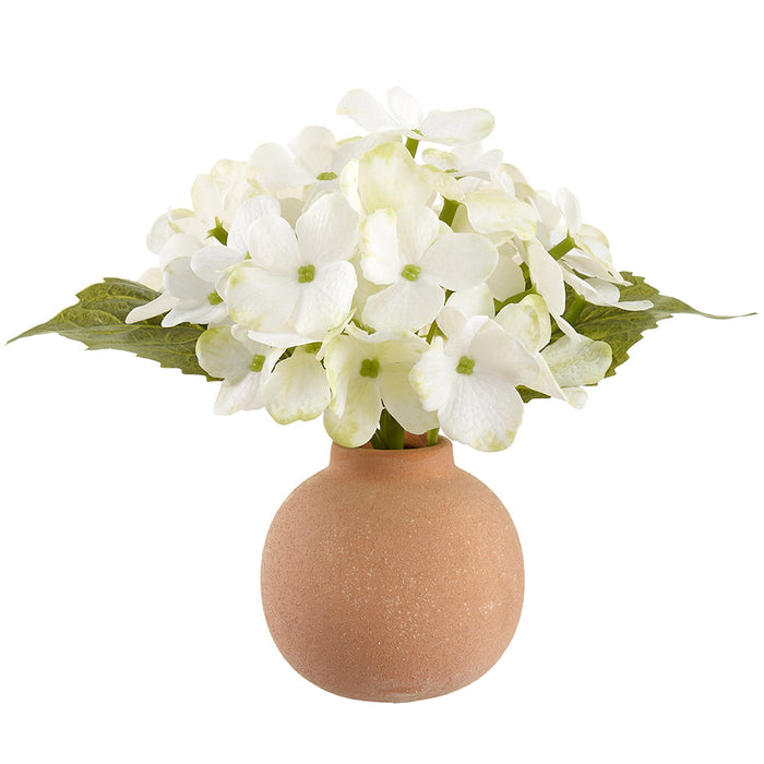 7" Real Touch Hydrangea Silk Flower Arrangement w/Terra Cotta Vase -White (Pack of 9) - LFH738-WH/GR