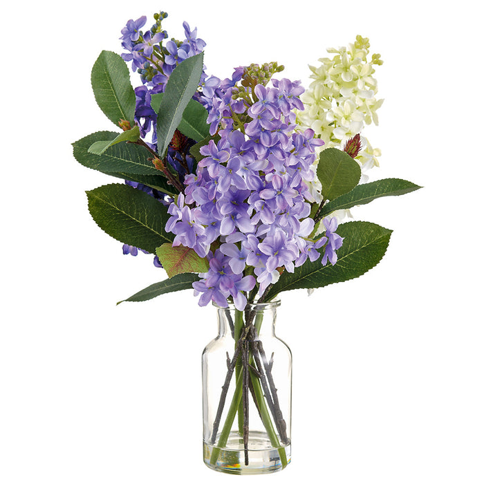 13.5" Lilac Silk Flower Arrangement w/Glass Vase -Mixed Colors (Pack of 4) - LFL792-MX