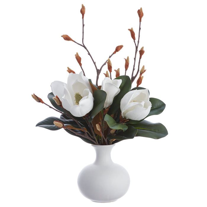 20" Magnolia Silk Flower Arrangement w/Ceramic Vase -White (Pack of 4) - LFM220-WH