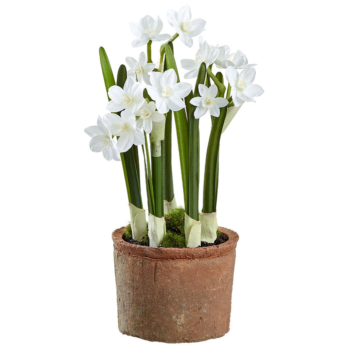 10" Narcissus Daffodil Silk Flower Arrangement w/Clay Pot -White (Pack of 9) - LFN006-WH