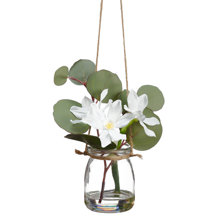6" Hanging Silk Narcissus Daffodil Flower Arrangement w/Glass Vase -White (pack of 12) - LFN021-WH