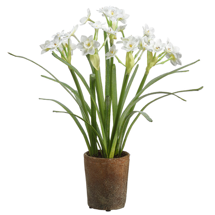 16" Silk Narcissus Daffodil Flower Arrangement w/Cement Pot -White (pack of 4) - LFN039-WH