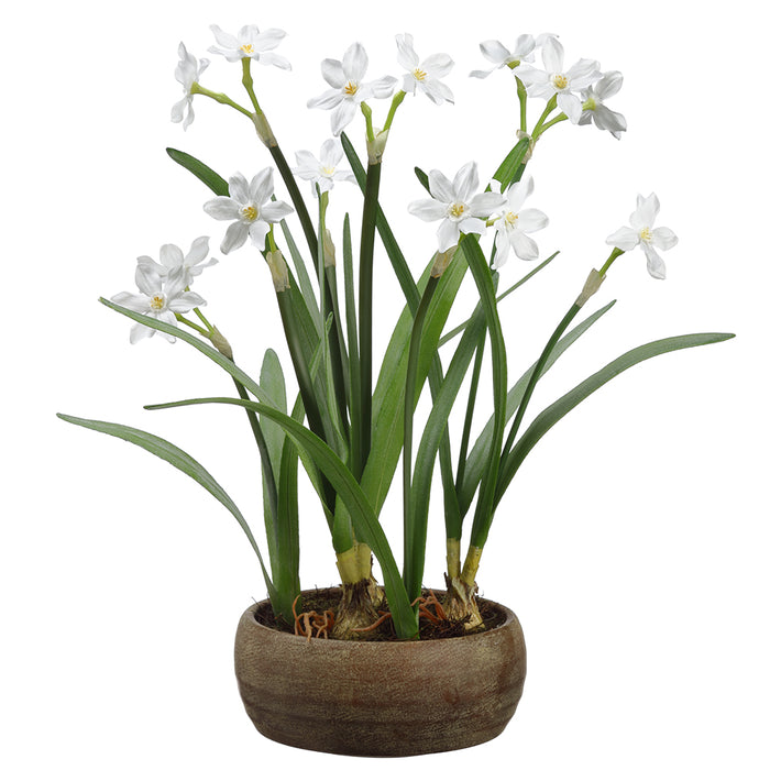 22" Silk Narcissus Daffodil Flower Arrangement & Bulb w/Cement Pot -White (pack of 2) - LFN046-WH