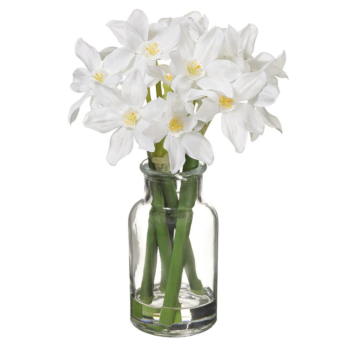 9" Silk Narcissus Daffodil Flower Arrangement w/Glass Vase -White (pack of 6) - LFN780-WH