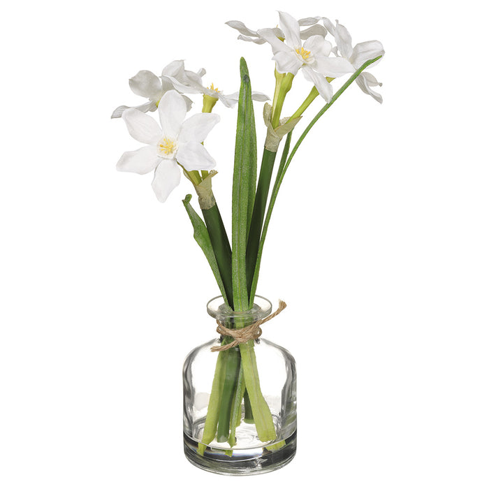 12" Silk Narcissus Daffodil Flower Arrangement w/Glass Vase -White (pack of 6) - LFN782-WH