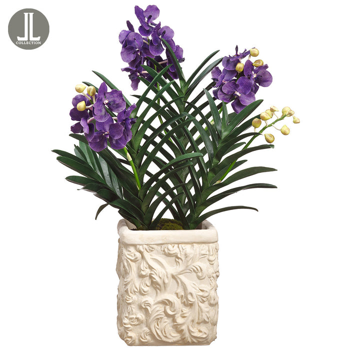 34" Vanda Orchid Silk Flower Arrangement w/Cement Pot -Purple - LFO030-PU