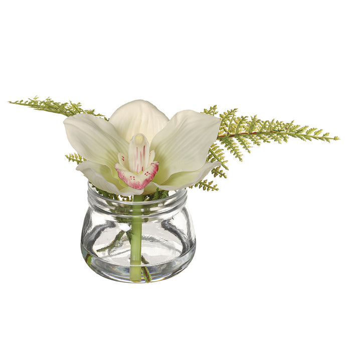 4" Silk Cymbidium Orchid Flower & Fern Arrangement w/Glass Vase -White (pack of 12) - LFO143-WH
