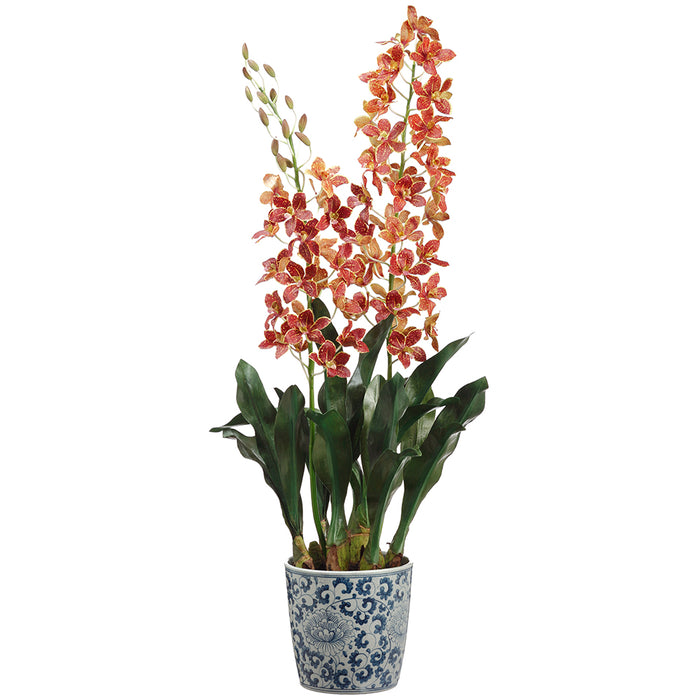 40" Silk Grammatophyllum Orchid Flower Arrangement w/Ceramic Vase -Burgundy - LFO630-BU