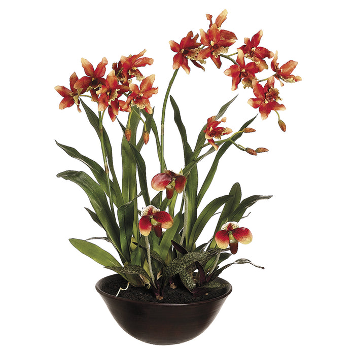 28" Handwrapped Oncidium & Lady's Slipper Orchid Silk Flower Arrangement -Rust/Green - LFO798-RU/GR