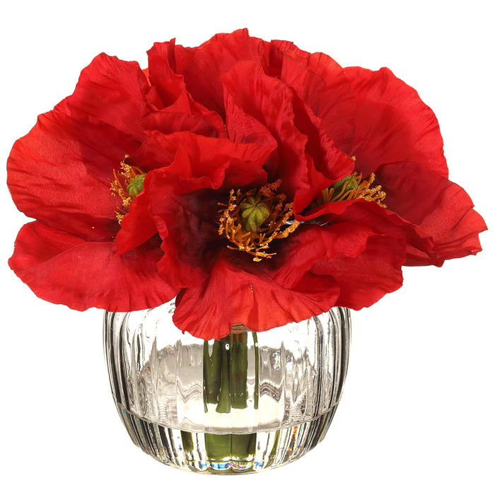 7" Handwrapped Silk Poppy Flower Arrangement w/Glass Vase -Red (pack of 6) - LFP012-RE