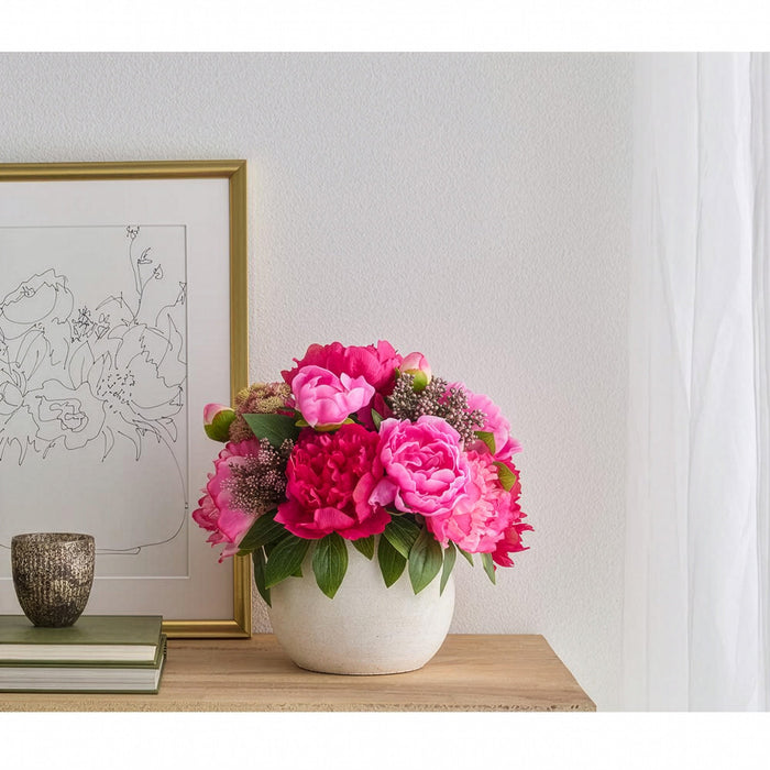 13" Mixed Peony & Sedum Silk Flower Arrangement w/Ceramic Vase -Beauty/Boysenberry (Pack of 4) - LFP041-BT/BB