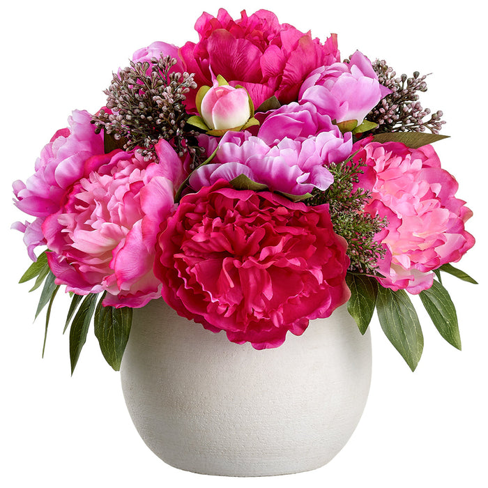 13" Mixed Peony & Sedum Silk Flower Arrangement w/Ceramic Vase -Beauty/Boysenberry (Pack of 4) - LFP041-BT/BB