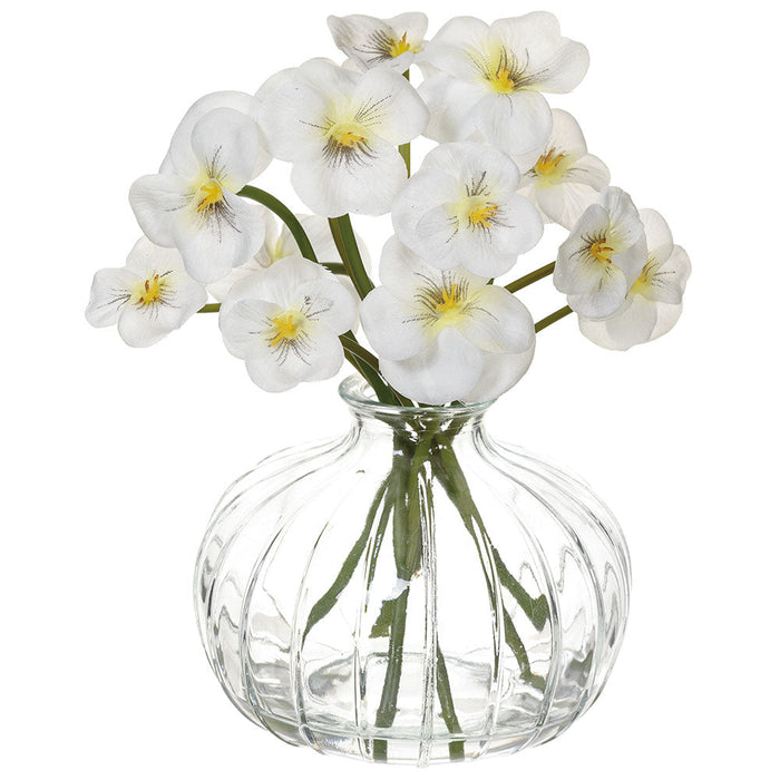7.5" Pansy Silk Flower Arrangement w/Glass Vase -White (pack of 6) - LFP209-WH