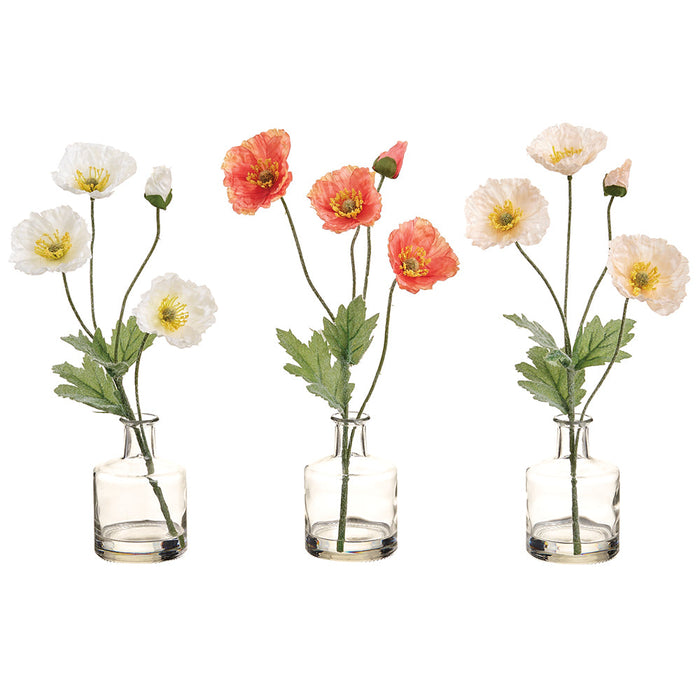 12" Set Of Poppy Silk Flower Arrangements w/Glass Vase -Coral/Blush (Pack of 2) - LFP275-CO/BS