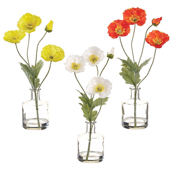 12" Set Of Poppy Silk Flower Arrangements w/Glass Vase -Orange/Yellow (Pack of 2) - LFP275-OR/YE